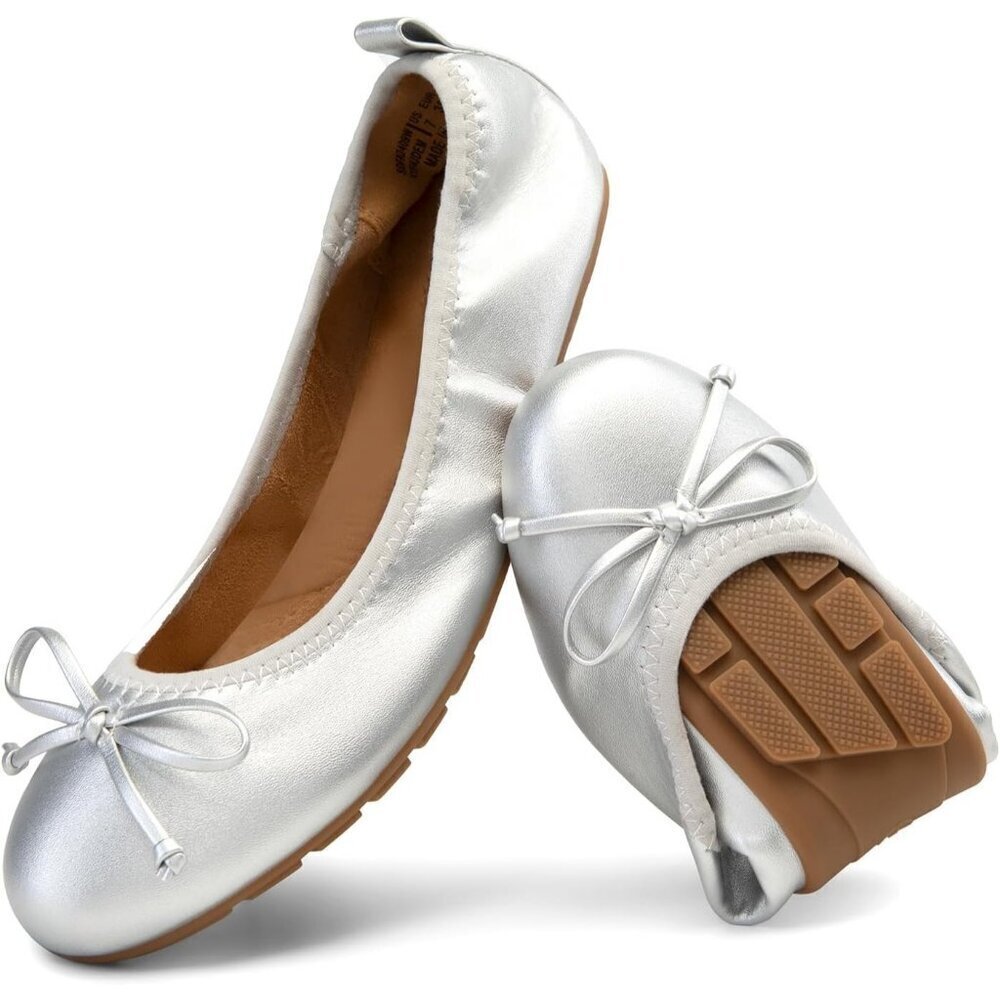 Women's Silver Flats Foldable Ballet Bowknot Round Toe Comfort Light Weight